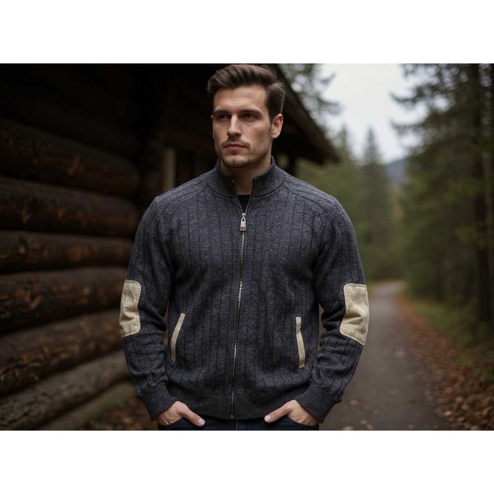 ORVIS Mens Dark Gray Ribbed Wool Full Zip Sweater Jacket Elbow Patches Size L